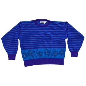 Vintage The Villager Blue Purple Stripe Floral Knit Acrylic Sweater Medium Korea